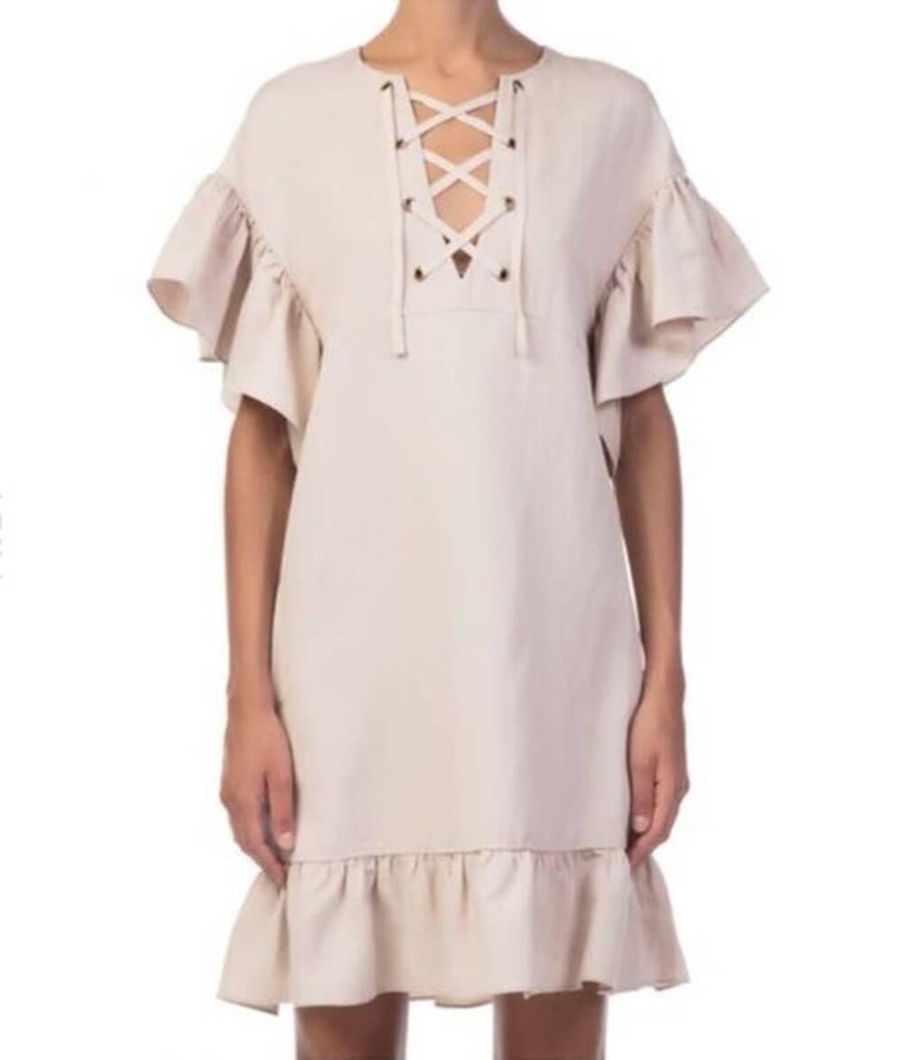 Ulla Johnson Marianne Ruffled Flare Frilly Sleeve Twill Lace Up Dress
